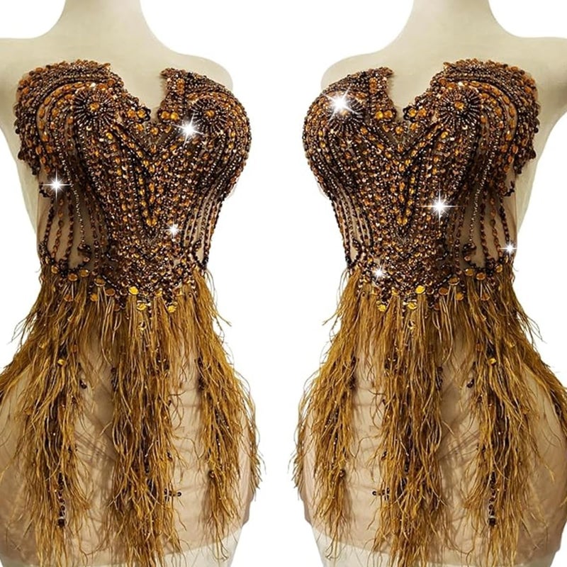 Zbroh Beautiful Ostrich fur decoration large full bodice applique pure handsewing rhinestones beads lace trim patches - Image 1
